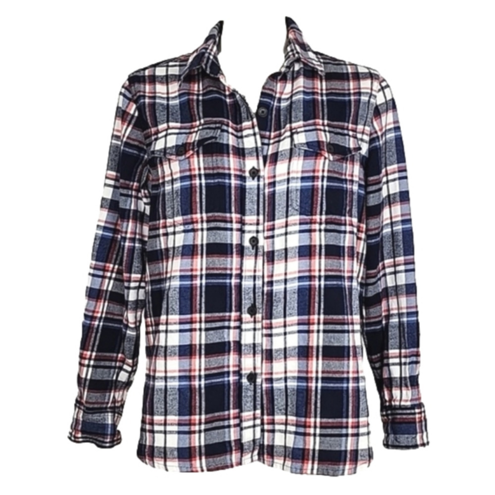 TILLEY Women's Blue Plaid Flannel Cotton Button Down Shirt Front Pockets M